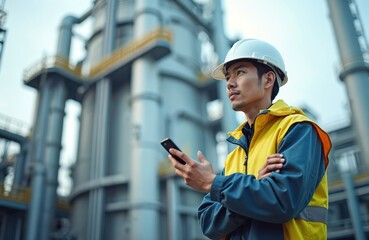 Asian engineer in hardhat at oil refinery. Man worker with mobile phone, arms crossed, energy industry, modern power plant factory. Technology, industrial production, petroleum gas.