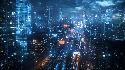 Fototapeta premium Cityscape Night Photography: Vibrant Urban Traffic on Illuminated Highways with Neon Lights and Modern Skyscrapers - A Captivating Aerial View of a Futuristic Metropolis in Electric Blue Tones
