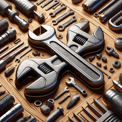 Fototapeta premium High-quality metal wrenches arranged on a wooden surface with various tools and hardware + concept
