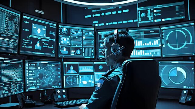 Military analyst monitoring multiple data screens with advanced digital interface in a high-tech command control center

