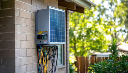 A solar panel is securely installed on the side of a house, converting sunlight into electricity. Surrounding greenery and a wooden fence enhance the eco-friendly vibe of the neighborhood