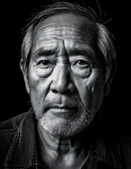Obraz premium This is a black and white portrait photograph of an elderly man with weathered features, white hair, and a solemn expression, set against a dark background.