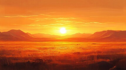 Obraz premium A vibrant sunset illuminating the vast open landscape with mountains