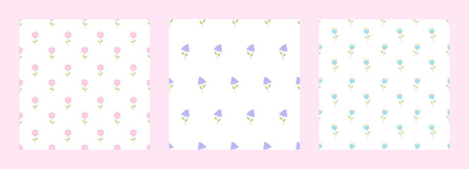 Seamless patterns flowers set. Cute floral prints in liberty style. Good for prints, textiles, wallpaper, stationery, surfaces, baby showers, covers. Pretty botanical design collection: small flowers