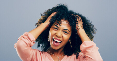 Laughing, hair and portrait of African woman in studio for comic, funny and self care with mockup...