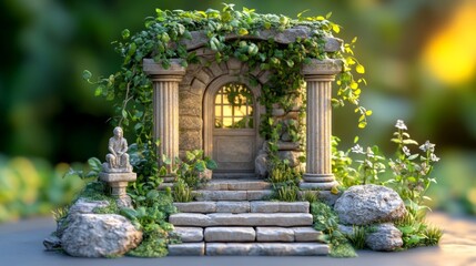 Fototapeta premium Stone Archway Entrance Overgrown with Plants