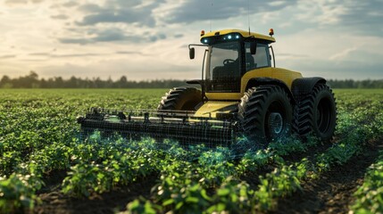 A self-driving tractor navigating through a digital farm with AI technology