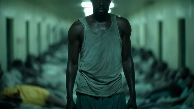 A tall Black man in a worn tank top walks through a crowded prison corridor filled with inmates lying on the floor. The dim lighting and oppressive atmosphere highlight themes of confinement  