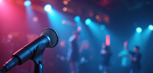Obraz premium Microphone on stage. Performance in progress with lights and silhouettes of band. Event, show, concert, live music entertainment. Blue spotlights, red lights. Vocal performance. Achievement success.
