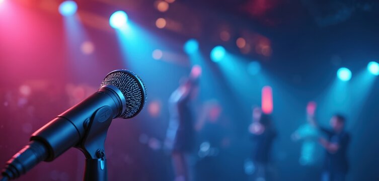 Microphone on stage. Performance in progress with lights and silhouettes of band. Event, show, concert, live music entertainment. Blue spotlights, red lights. Vocal performance. Achievement success.
