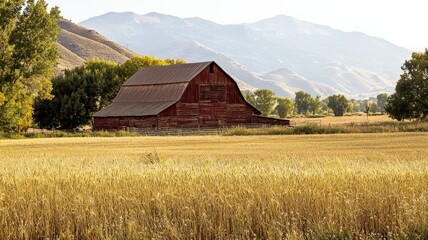 Fototapeta premium Rustic wooden barn in the background with wheat fields in the foreground, bathed in soft golden light, creating a cozy, warm, and inviting countryside atmosphere. 
