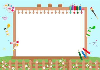 A garden decorated with easels and art supplies to draw your imagination on nature, plants and green hills. Vector illustration. Background illustration design.