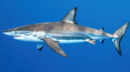 Fototapeta premium A shark passing through a sunbeam underwater, its body highlighted against the deep blue