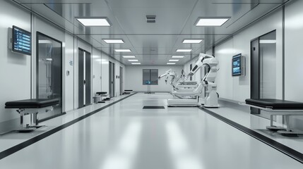 Fototapeta premium Modern Sterile Production Zone with Robotic Assistance and Equipment