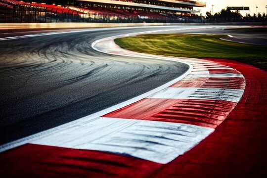 An empty motorsport asphalt race track lies ready for action.