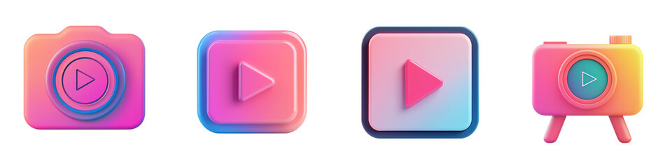 A collection of modern vibrant play button icons in different geometric shapes including squares circles and rectangles with gradient color designs