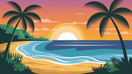 Obraz premium Tropical Beach Sunset Illustration with Palm Trees 3