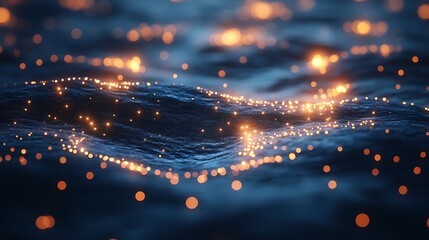 Obraz premium Glowing particles on dark wavy surface.