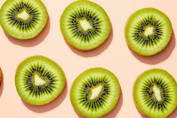 Fototapeta premium Bright kiwi slices arranged harmoniously on pastel background sh