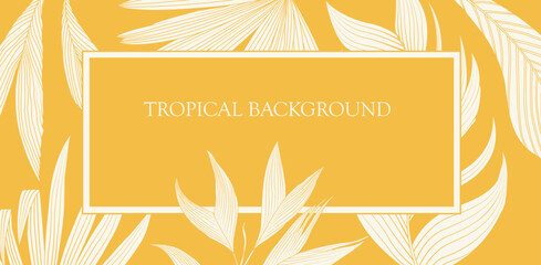 Tropical event invitation card template. Palm leaves jungl on yellow background. Detailed outline drawing. Rectangular border frame with text placeholder. 
