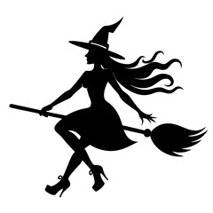 Silhouette of a witch jumping on a broom in a dynamic pose