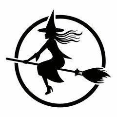 Silhouette of a witch jumping on a broom in a dynamic pose