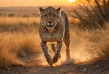 A cheetah bursts from the dust in a golden savanna landscape