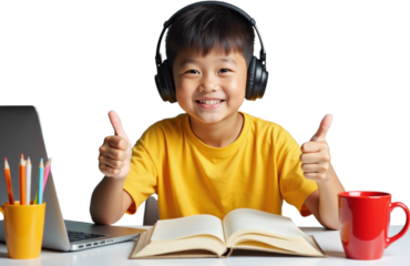 Smiling Child with Headphones, Book, Laptop, and Thumbs Up, transparent background