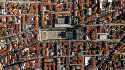 Aerial perpendicular view of Avezzano Cathedral in Abruzzo, Italy. It is a Roman Catholic cathedral dedicated to Saint Bartholomew. It overlooking the main square of the town.