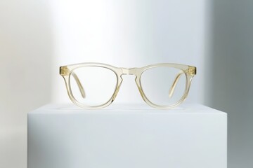 Transparent square-frame eyeglasses in light beige, modern minimalist eyewear, fashion accessory, unisex glasses, stylish optical frames, displayed on studio background