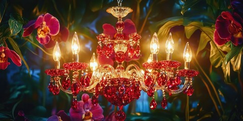 Obraz premium A red chandelier with a lot of lights hanging from it. The chandelier is surrounded by flowers