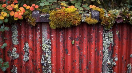 Weathered Red Fence with Vibrant Green Moss and Lichen Growth