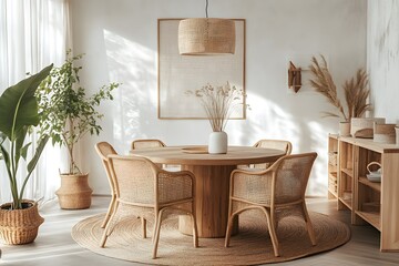 Cozy and Boho Dining Room Interior , Generative AI	