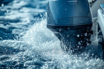 Naklejka premium Motorboat cruising through clear blue waters with splashes and waves created by its powerful engine