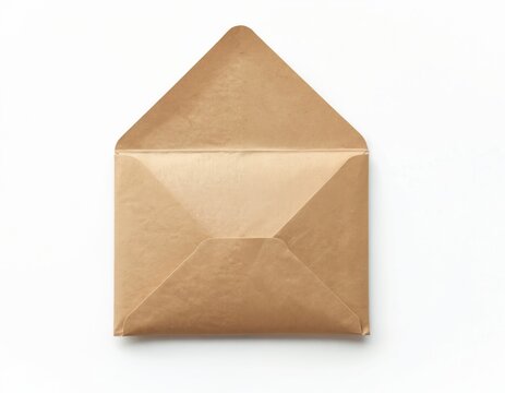 Open kraft paper envelope isolated on white background. Natural package for letter, invitation, card or gift. Vintage, eco style. Empty envelope, mail, post concept, perfect for business.