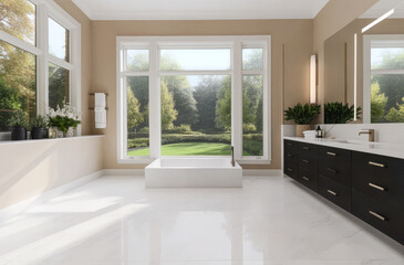 Fototapeta premium Elegant modern bathroom with large windows and natural light overlooking a lush garden