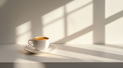 Obraz premium Sunlight coffee cup on white surface, window shadows