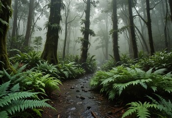 Fototapeta premium A misty forest path is lined with lush ferns and towering trees