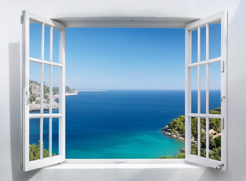 Una ventana cristalera abierta con vistas al horizonte de un mar de agua azul turquesa concepto de paz interior conexi&oacute;n con la naturaleza, sue&ntilde;os, bienestar, ibertad y relax