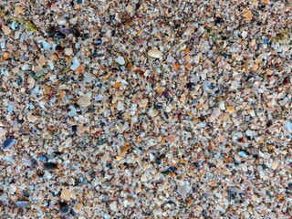 Close up of colorful seashell fragments and pebbles on a sandy beach. Natural textures and coastal aesthetics