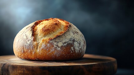 Rustic sourdough bread on wooden board.