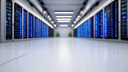 Modern server room interior. Rows of server racks with blue lights, clean white floor