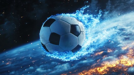 Fototapeta premium Fiery soccer ball soaring above Earth.