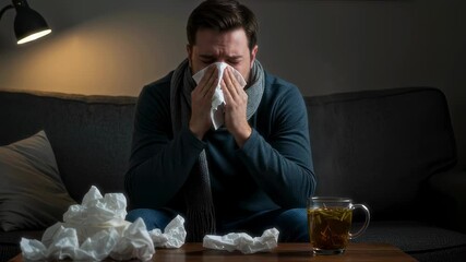 A sick man sits on a couch, sneezing into a tissue with a pile of crumpled tissues around him. A cup of hot tea nearby highlights his struggle with a cold or flu  