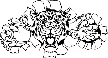 A jaguar, panther, leopard or cheetah wildcat spotted cat tennis sports team mascot holding a ball