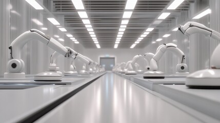 Obraz premium White Minimalist Automated Assembly Line in Modern Factory Setting