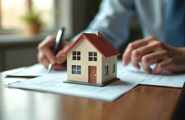 Real estate agent signs contract buying small house model. Property purchase agreement, mortgage deal. Buying home, signing loan document. Business, real estate market concept.
