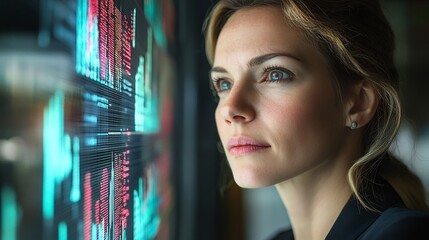 Businesswoman analyzing global market trend holographic data display futuristic office focused expression
