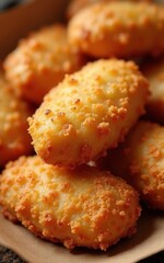  Perfectly golden-brown chicken nuggets with tender meat inside and a crunchy coating on the outside. 