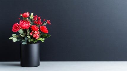 Fototapeta premium Red flowers in a black vase against a dark background